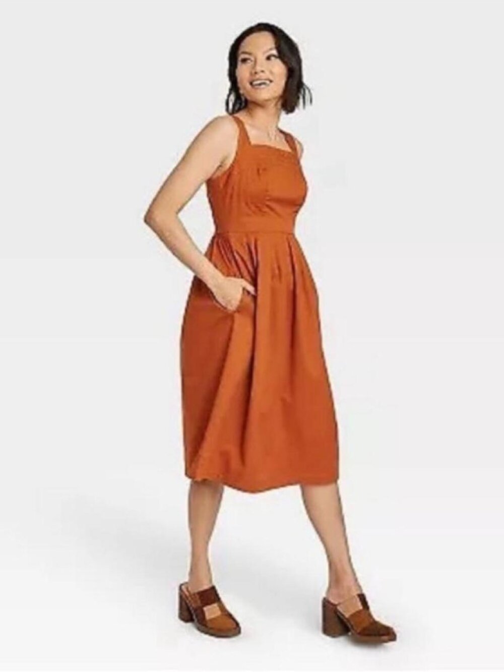 Knox Rose Smocked Back Cotton Midi Dress Terracotta Orange Pockets Largw